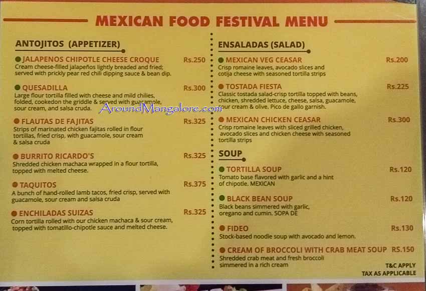 Food Menu - Mexican Food Festival - 6 to 22 Jul 2018 - Ocean Pearl, Mangalore