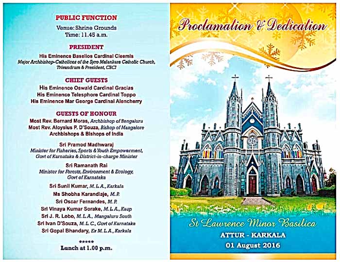 Proclamation of St Lawrence Shrine, Attur, Karkala - Minor Basilica - 01 Aug 2016