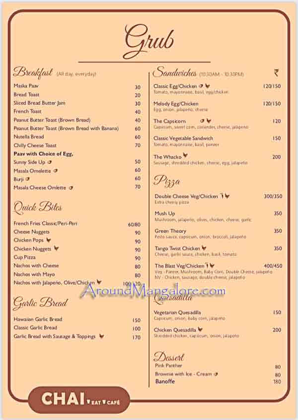 Food Menu - Chai Café, Attavar, Mangalore