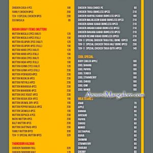 Food Menu - Ten-11 - Bunts Hostel Road, Mangalore