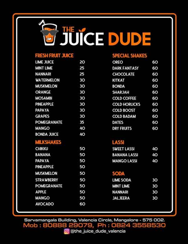 Juice Menu - The Juice Dude - Valencia, Mangalore